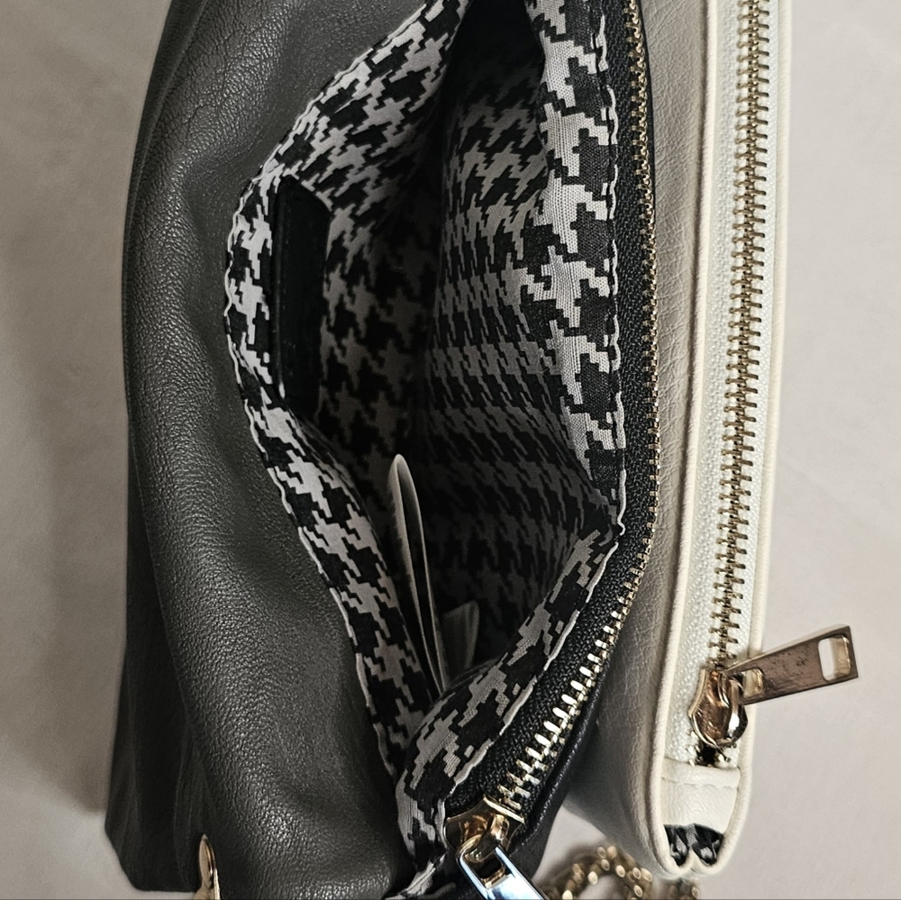 [CESCA] Gray, Wht & Blk Vegan Leather Crossbody Bag/Clutch Removable Gold Chain - Picture 10 of 15